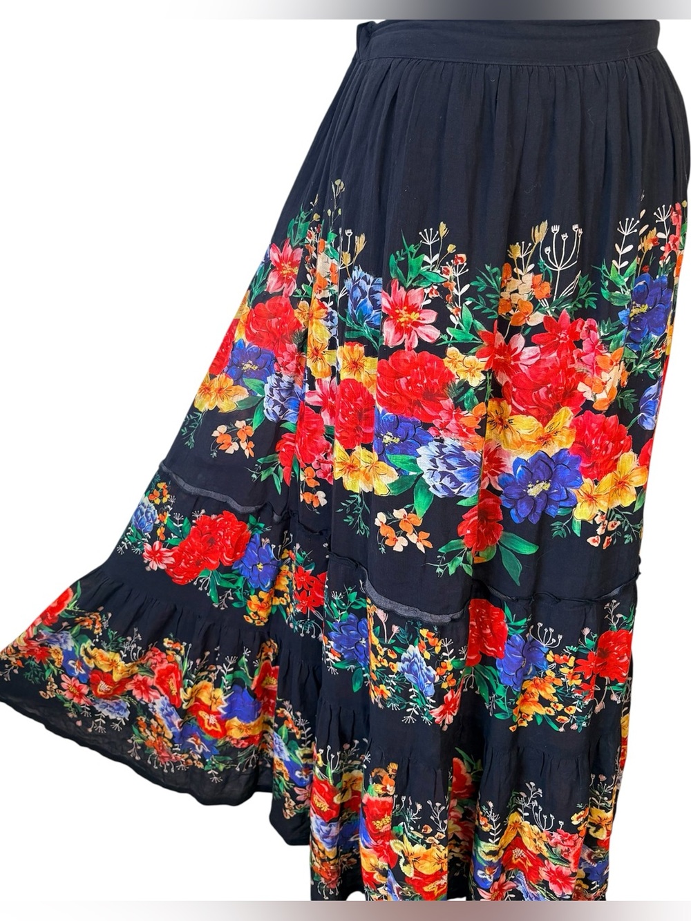 NATURAL LIFE Dark Floral Boho Tiered Maxi Skirt Small